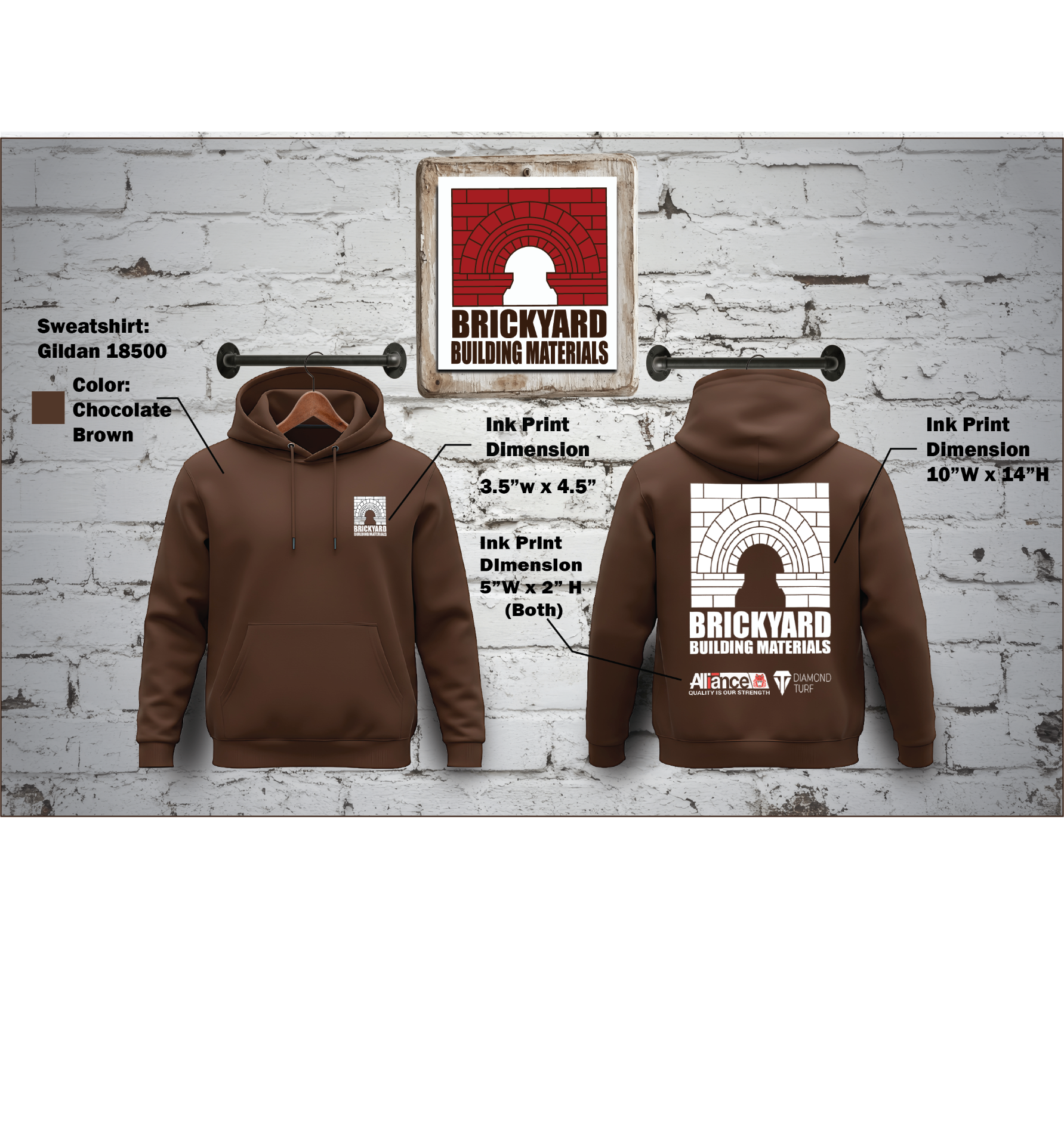 Brickyard Building Materials — chocolate brown hoodie mockup with front and back prints