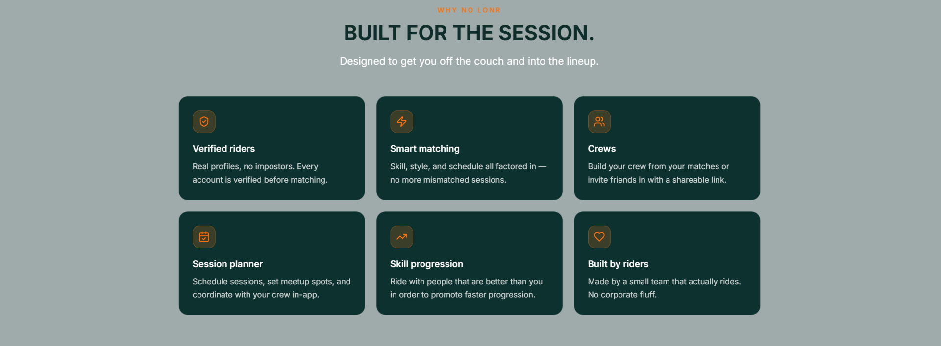 No Lonr site — feature grid: verified riders, smart matching, crews, session planner, skill progression, built by riders