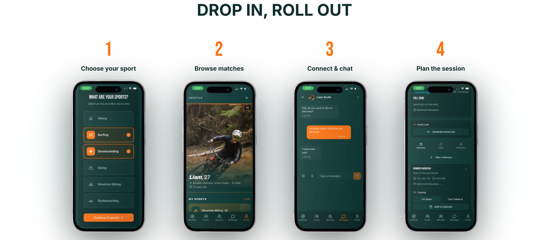 No Lonr site — Drop In, Roll Out four-step how-it-works with phone mockups