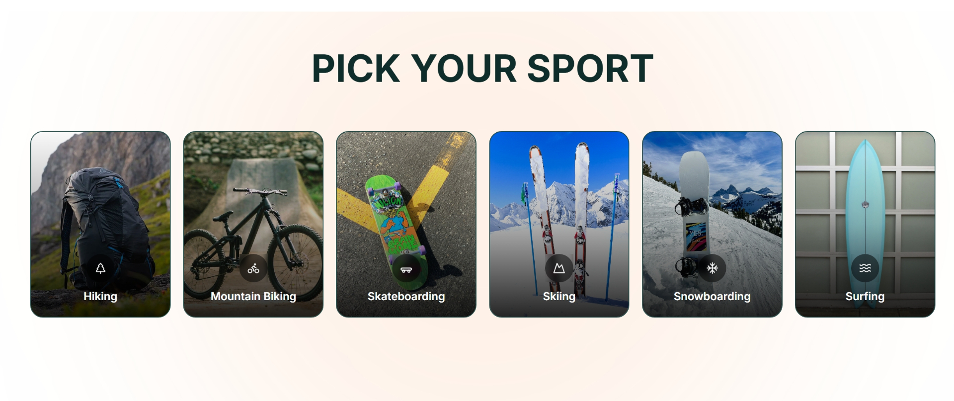 No Lonr site — Pick Your Sport gallery with photo cards for each activity